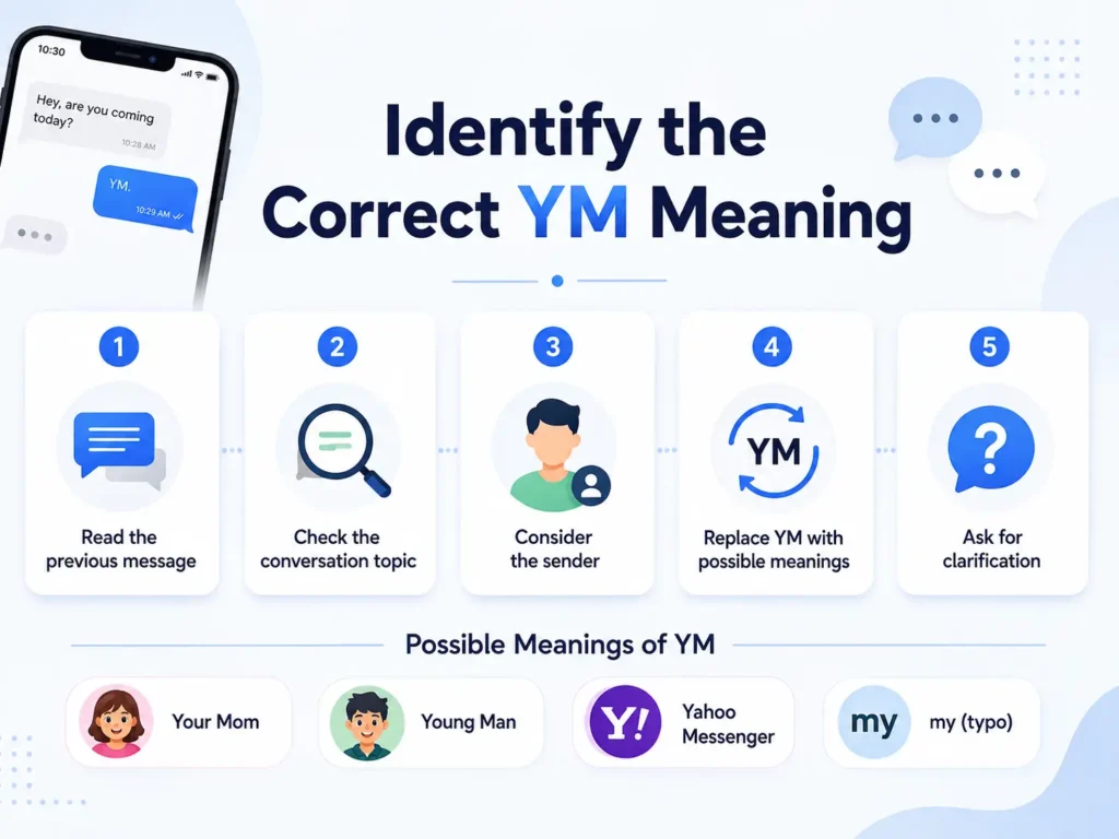 Five-step YM meaning guide infographic showing how to identify the correct meaning of YM by reading the previous message, checking the conversation topic, considering the sender, testing possible meanings, and asking for clarification.