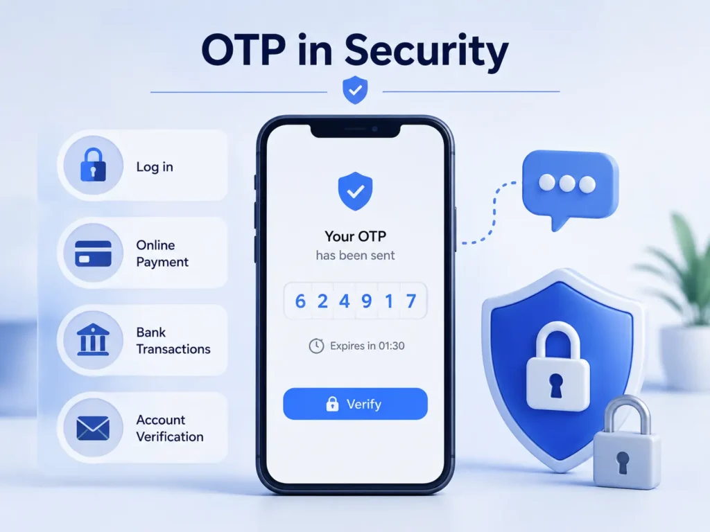 OTP in security infographic showing a one-time password verification code used for login, online payments, bank transactions, and account verification.