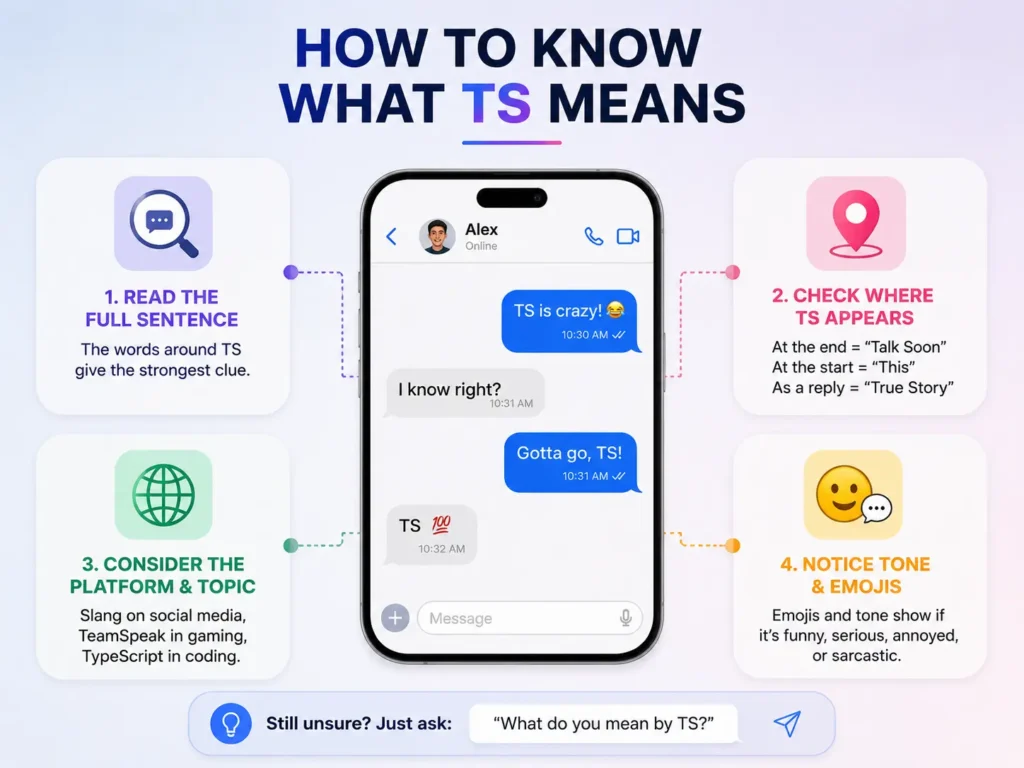 Infographic explaining how to identify TS meaning by reading the full sentence, checking its position, considering the platform, and noticing tone and emojis.
