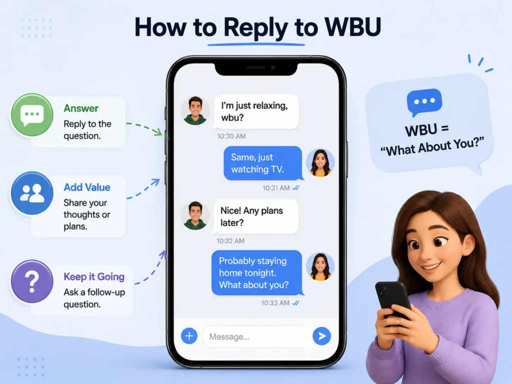 How to reply to WBU in a text conversation by answering the question, sharing your thoughts, and asking a follow-up.