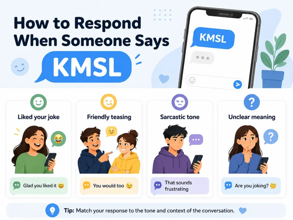 KMSL response guide showing how to reply when someone liked your joke, is teasing playfully, sounds sarcastic, or uses KMSL with an unclear meaning.