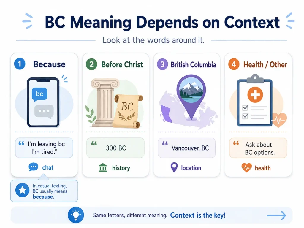 BC meaning from context infographic showing BC as because in texting, Before Christ in history, British Columbia as a location, and a health-related abbreviation.