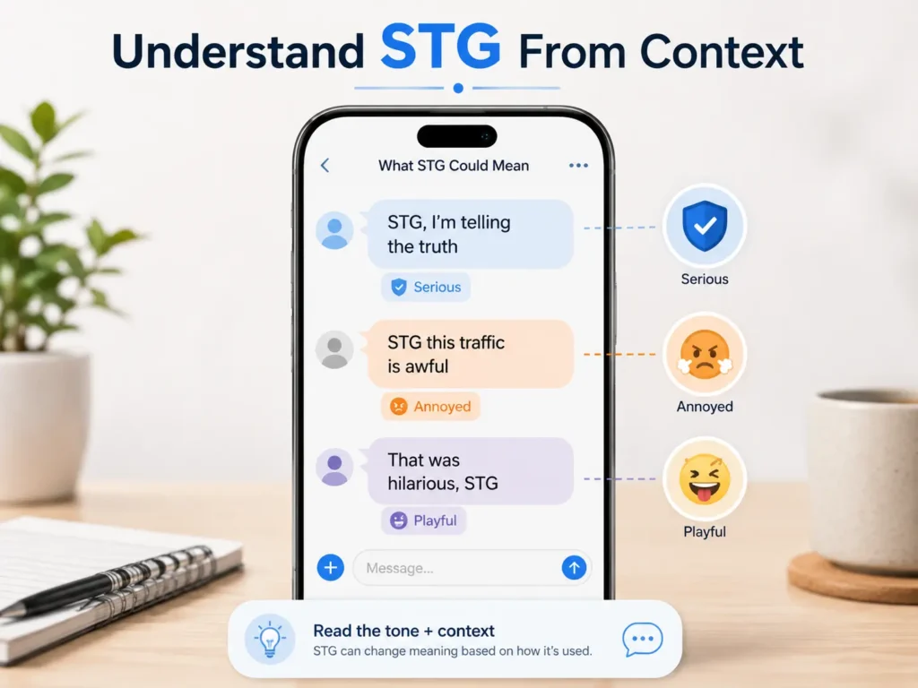 STG context guide showing serious, annoyed, and playful texting examples to help users understand the meaning and tone of STG.