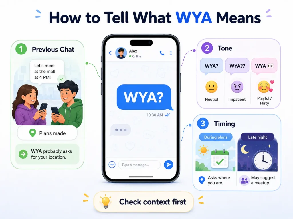 How to tell what WYA means using previous chat context, tone, punctuation, emojis, and timing.