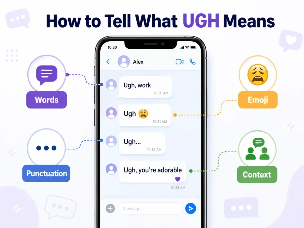 How to tell what UGH means in a message using words, emojis, punctuation, and conversation context.