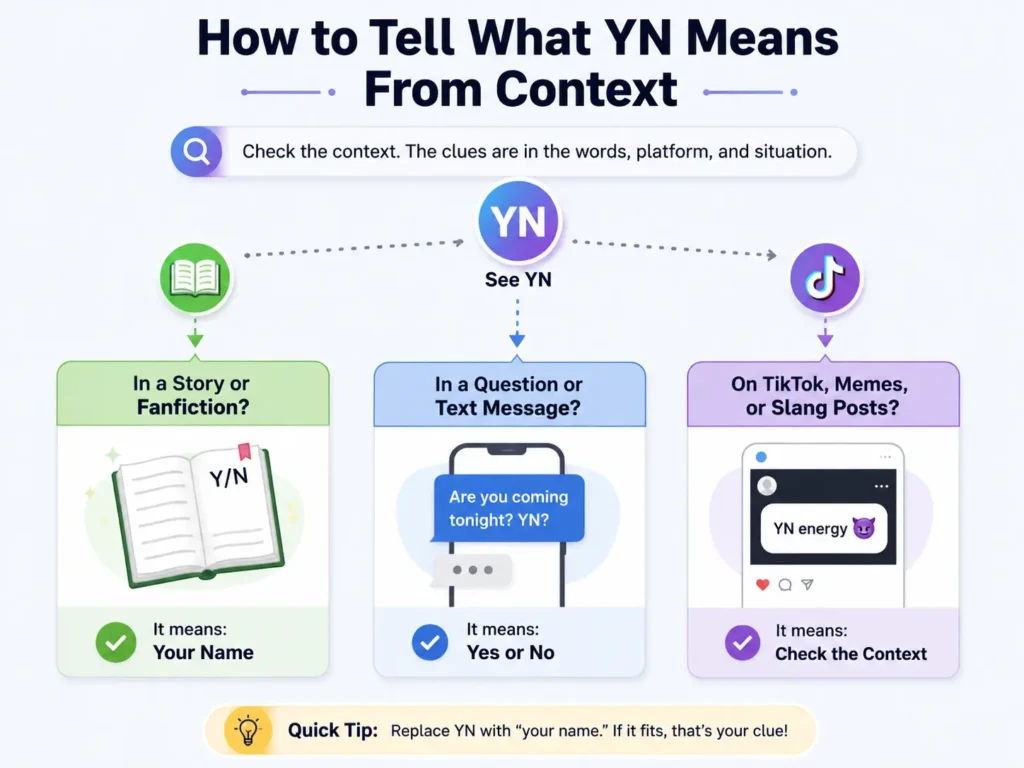 Infographic explaining how to tell what YN means from context in fanfiction, text messages, TikTok, memes, and slang posts.