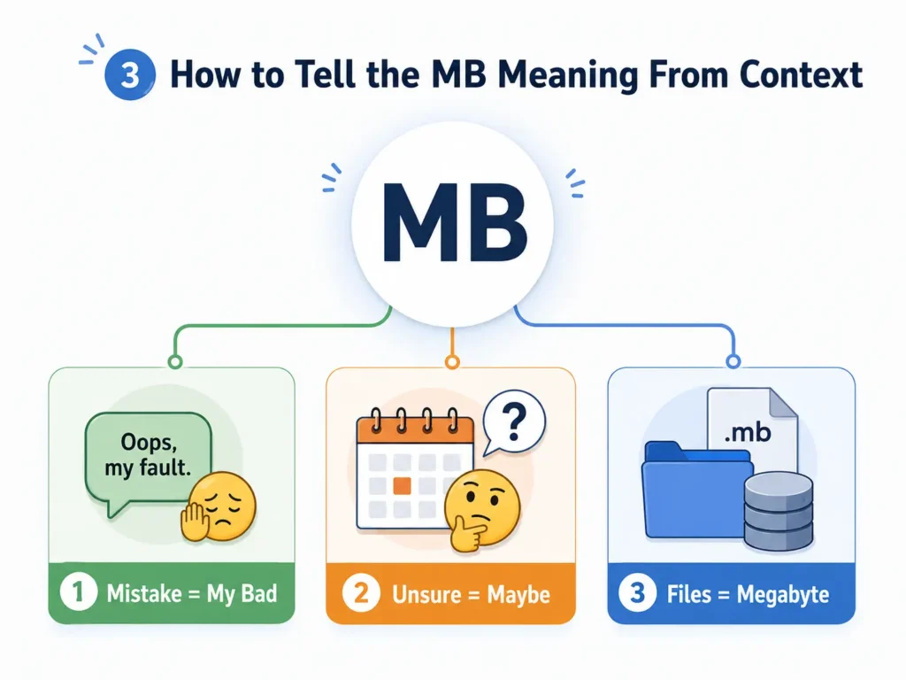 How to tell the MB meaning from context infographic showing MB as My Bad for mistakes, Maybe for uncertainty, and Megabyte for files and storage.