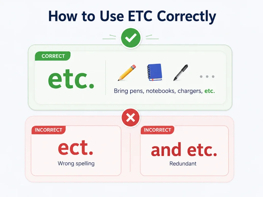 How to use ETC correctly infographic showing “etc.” as the correct form and highlighting “ect.” and “and etc.” as common mistakes.
