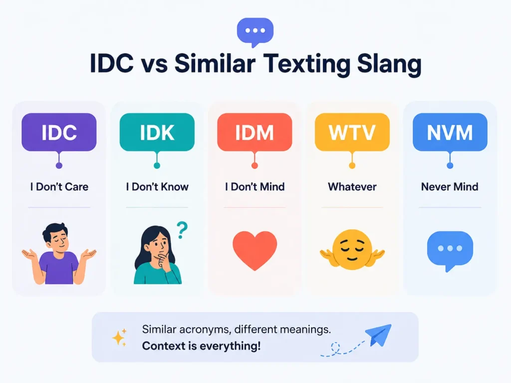 IDC vs similar texting slang infographic comparing IDC, IDK, IDM, WTV, and NVM with their meanings and simple visual examples.