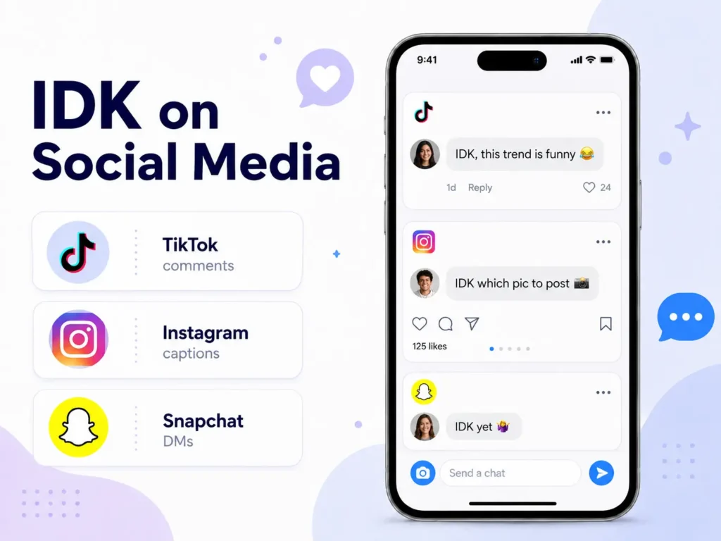 IDK on social media infographic showing examples of IDK in TikTok comments, Instagram captions, and Snapchat DMs on a smartphone.