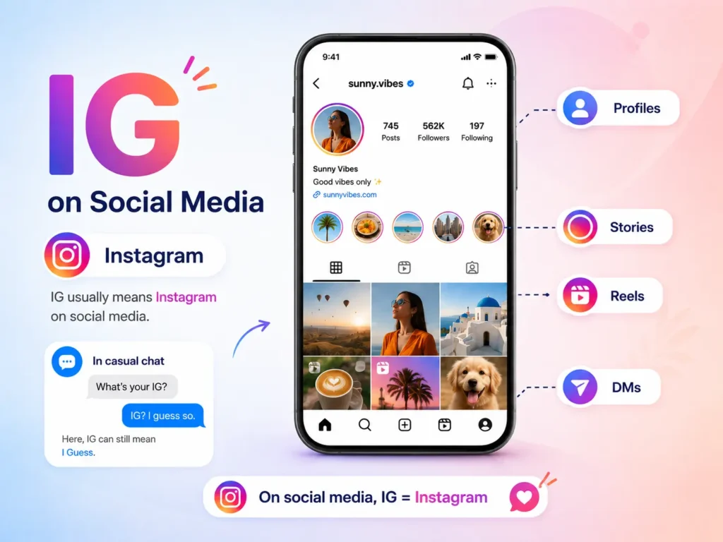 IG meaning on social media infographic showing IG as Instagram with profiles, Stories, Reels, DMs, and a casual chat example.