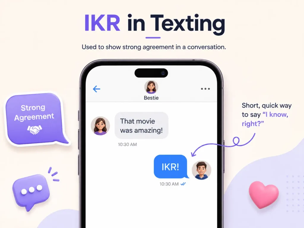 IKR in texting infographic showing a chat where “That movie was amazing!” gets the reply “IKR!” to express strong agreement.