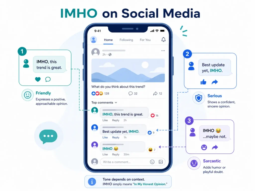 IMHO meaning on social media infographic showing friendly, serious, and sarcastic examples of IMHO in comments and online conversations.