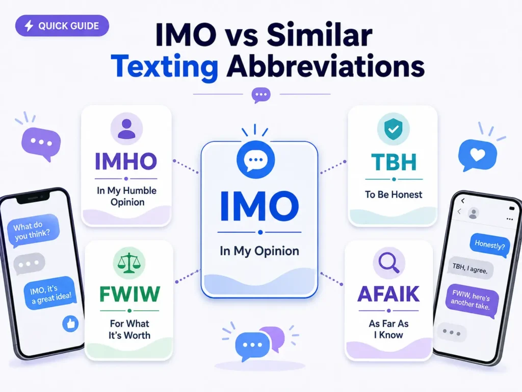 IMO vs similar texting abbreviations infographic comparing IMO with IMHO, TBH, FWIW, and AFAIK.
