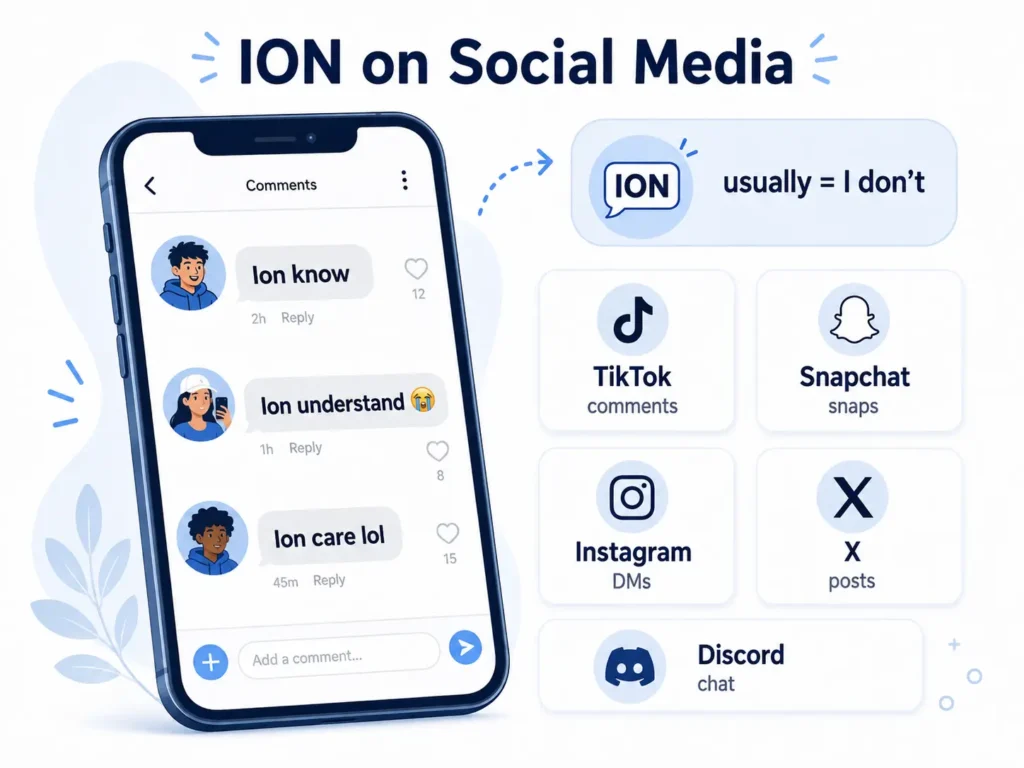 ION on social media infographic showing “ION” as “I don’t” with examples from TikTok, Snapchat, Instagram, X, and Discord.