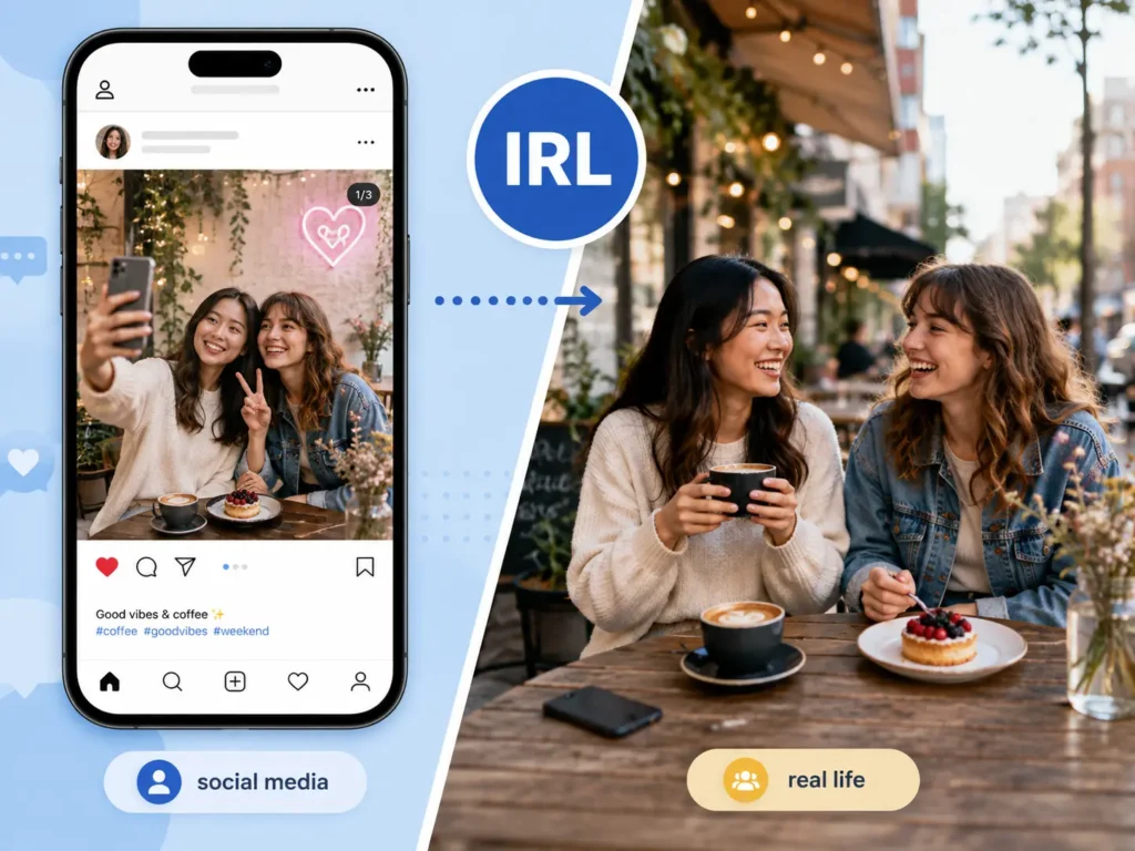 IRL meaning on social media illustration showing a smartphone post compared with two friends enjoying the same moment together in real life.