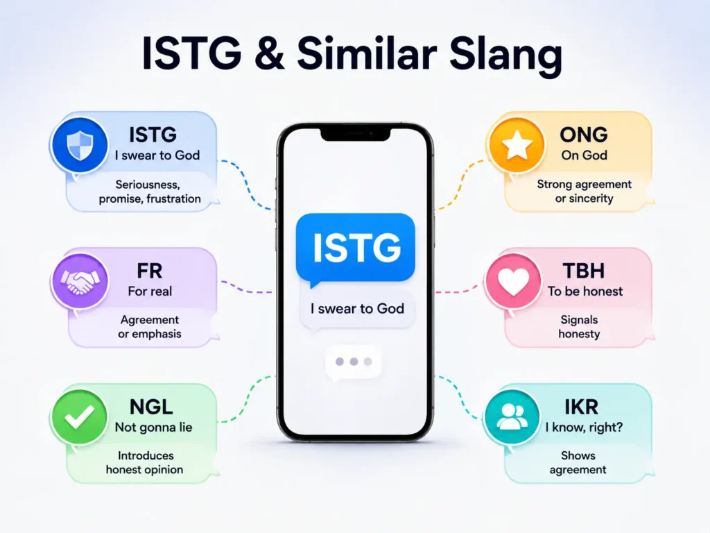 ISTG and similar slang infographic comparing ISTG with ONG, FR, NGL, TBH, and IKR, including their meanings and common uses.