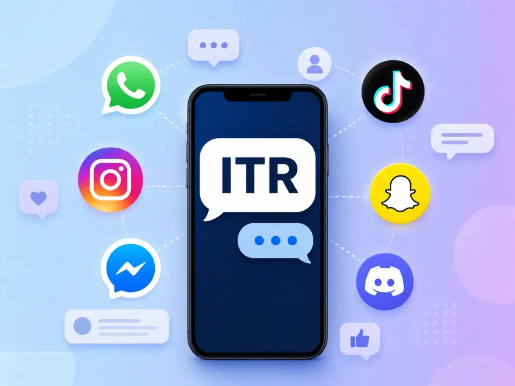 ITR meaning illustration showing a gamer using chat platforms with “ITR” messages alongside Discord, Twitch, and gaming icons.