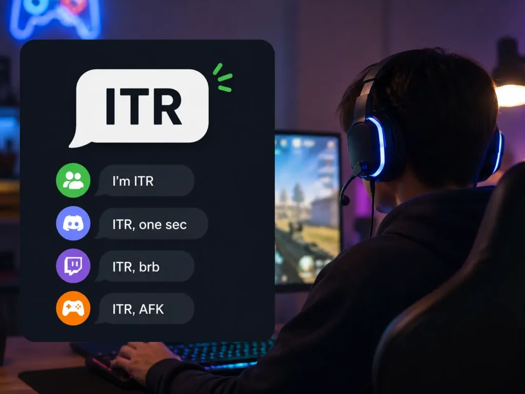 ITR meaning in gaming chat showing a gamer using online platforms with ITR messages, Discord, Twitch, and gaming icons.