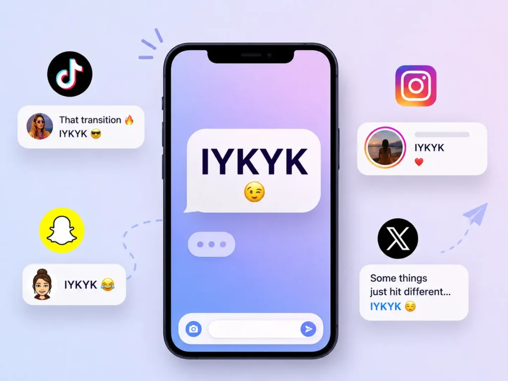 IYKYK meaning on social media shown across TikTok, Instagram, Snapchat, and X with a smartphone and chat examples.