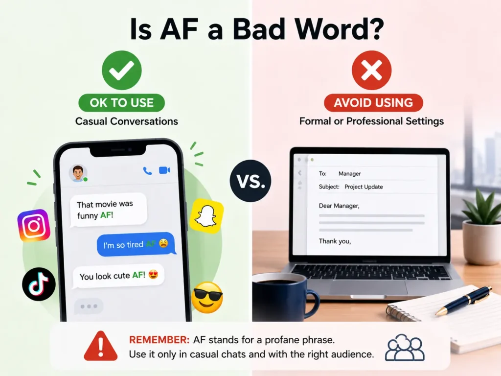 Is AF a bad word infographic showing AF is suitable for casual conversations but should be avoided in formal or professional settings.