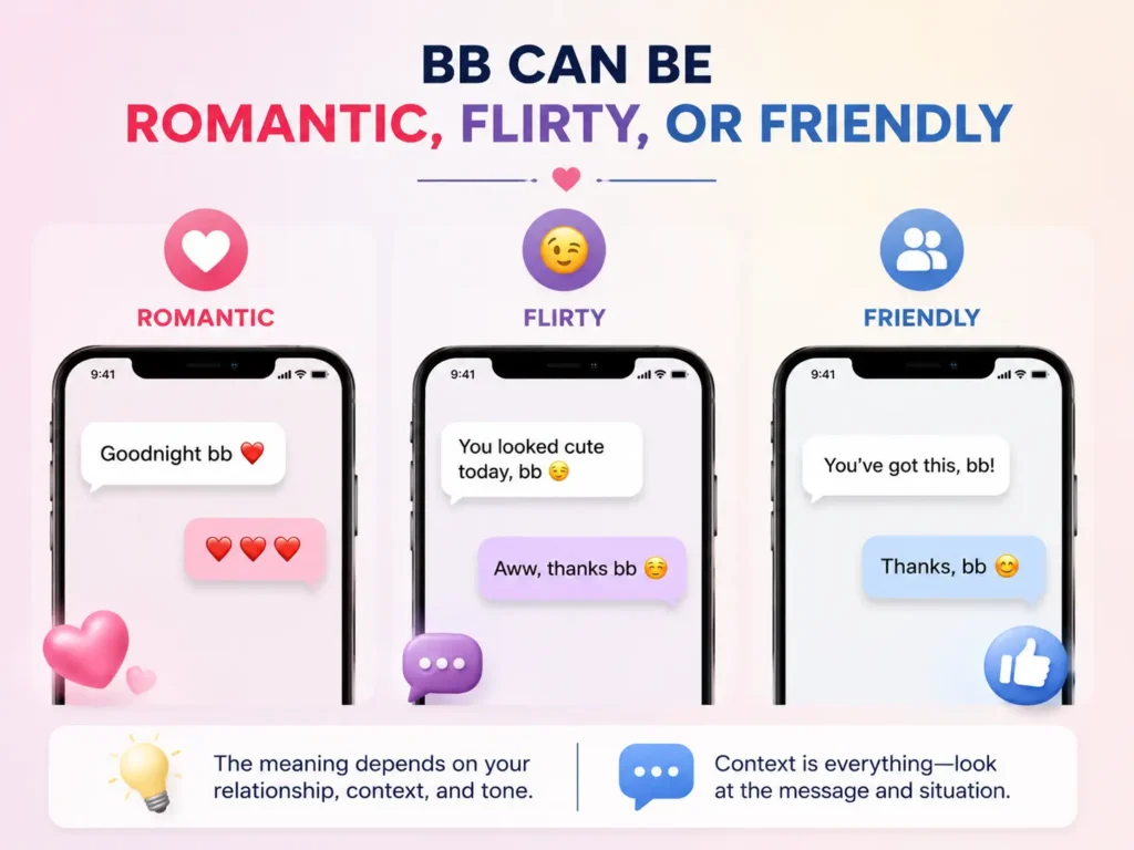 BB meaning infographic showing romantic, flirty, and friendly uses of “BB” in text messages with examples and context clues.
