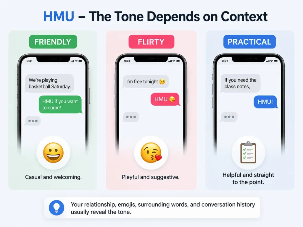 HMU tone examples showing friendly, flirty, and practical meanings in text conversations based on context, emojis, and relationships.