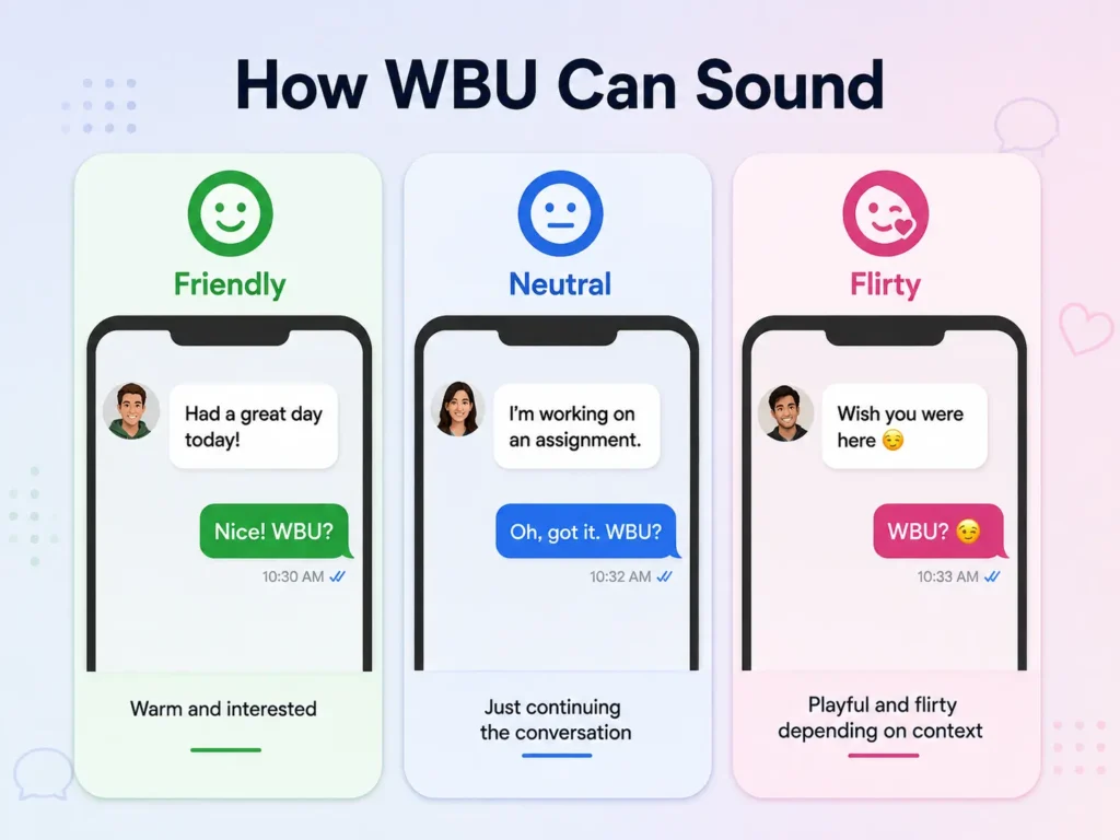 WBU meaning examples showing how the abbreviation can sound friendly, neutral, or flirty depending on the conversation context.