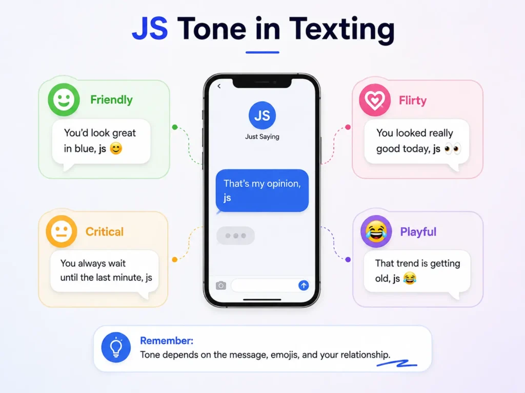 JS tone in texting infographic showing friendly, flirty, critical, and playful uses of “JS” meaning “Just Saying” with example messages.