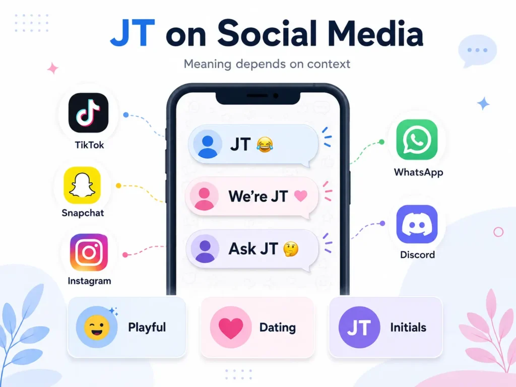 JT meaning on social media infographic showing TikTok, Snapchat, Instagram, WhatsApp, and Discord with playful, dating, and initials context examples.