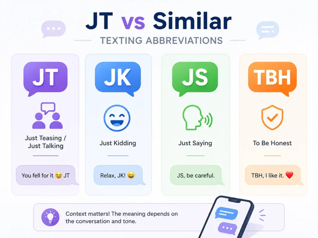 JT vs similar texting abbreviations infographic comparing JT, JK, JS, and TBH with meanings and simple message examples.