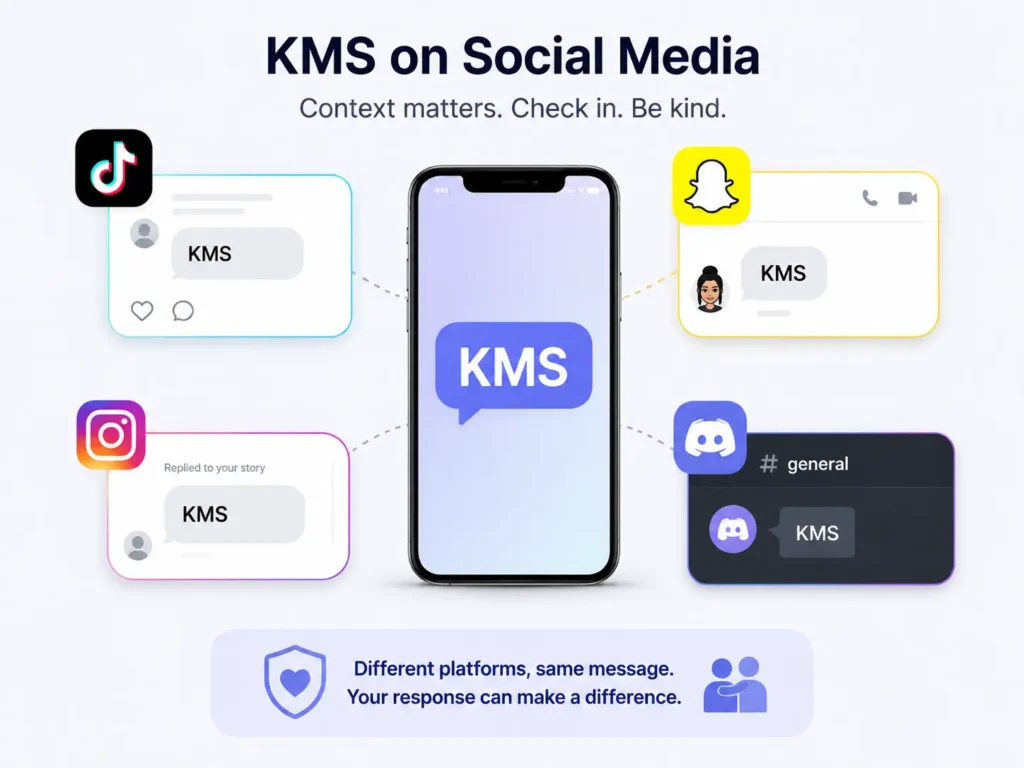 KMS on social media infographic showing the abbreviation in TikTok, Snapchat, Instagram, and Discord messages, with a reminder to check the context, respond kindly, and support the sender.