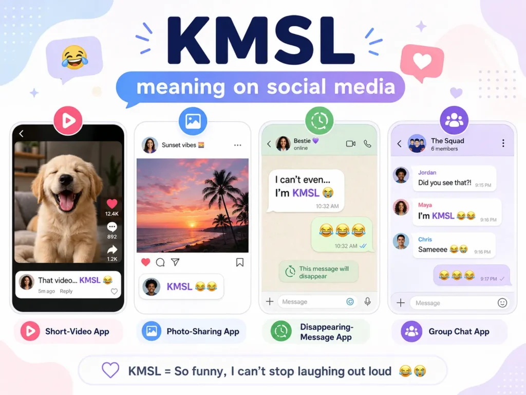 KMSL meaning on social media infographic showing the abbreviation used in short-video comments, photo-sharing posts, disappearing messages, and group chats to express intense laughter and amusement.