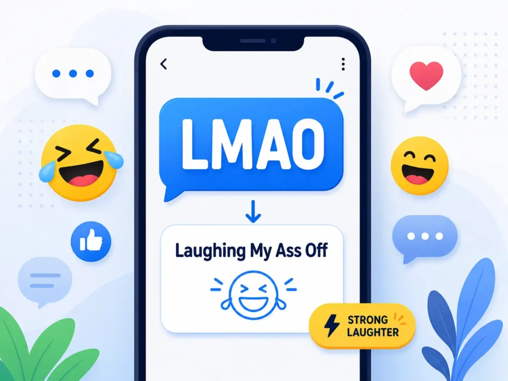 LMAO meaning infographic showing “Laughing My Ass Off” on a smartphone with laughing emojis and a strong laughter reaction.