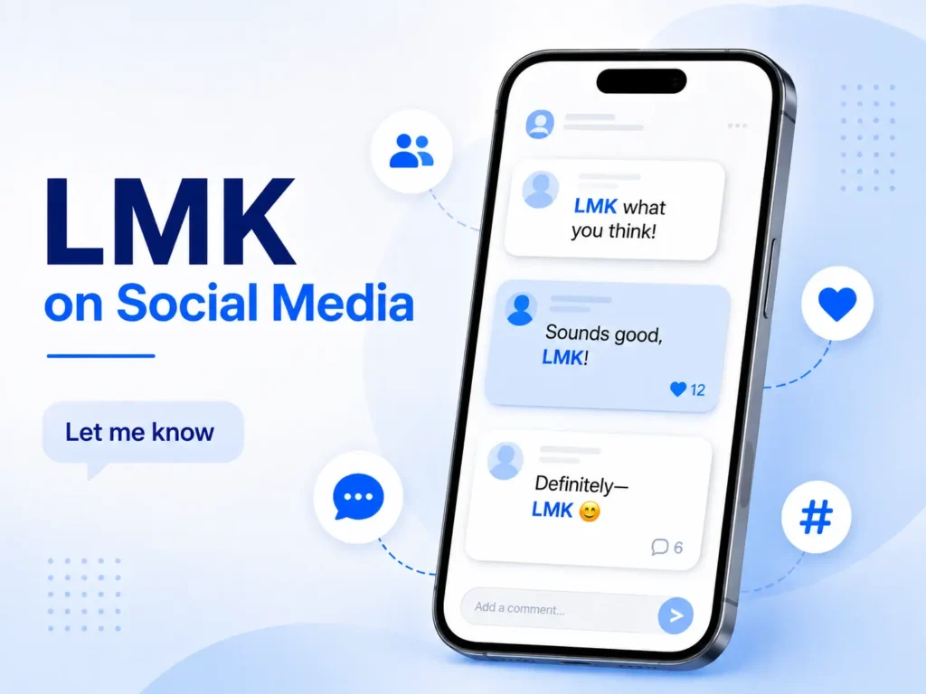 LMK on social media graphic showing a smartphone with comments and messages using “LMK” to mean “Let Me Know.”