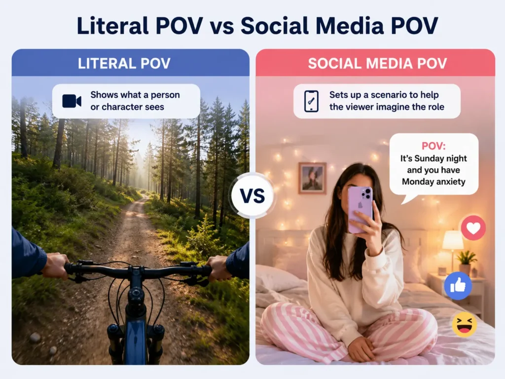 Literal POV vs social media POV infographic comparing a first-person cycling view with a social media scenario shown from the creator’s perspective.