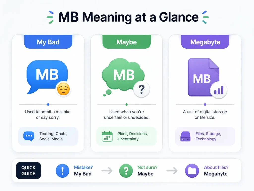 MB meaning at a glance infographic explaining My Bad, Maybe, and Megabyte with texting, uncertainty, and digital storage examples.