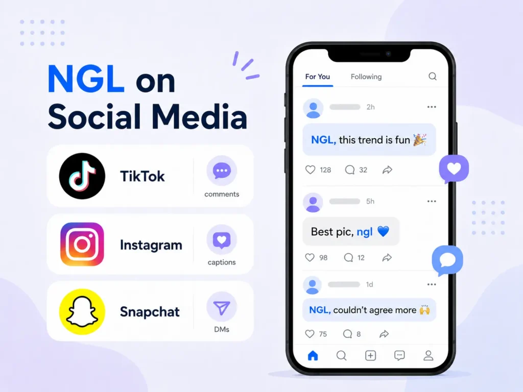 NGL on social media infographic showing examples of NGL in TikTok comments, Instagram captions, and Snapchat messages on a smartphone feed.