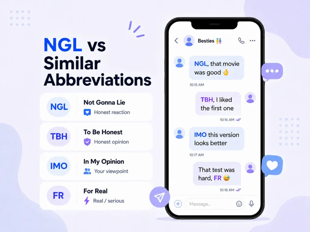 NGL vs similar abbreviations infographic comparing NGL, TBH, IMO, and FR with meanings and smartphone chat examples.