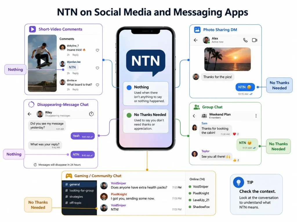 NTN on social media and messaging apps infographic showing how “NTN” can mean “Nothing” or “No Thanks Needed” in short-video comments, direct messages, disappearing chats, group chats, and gaming conversations.