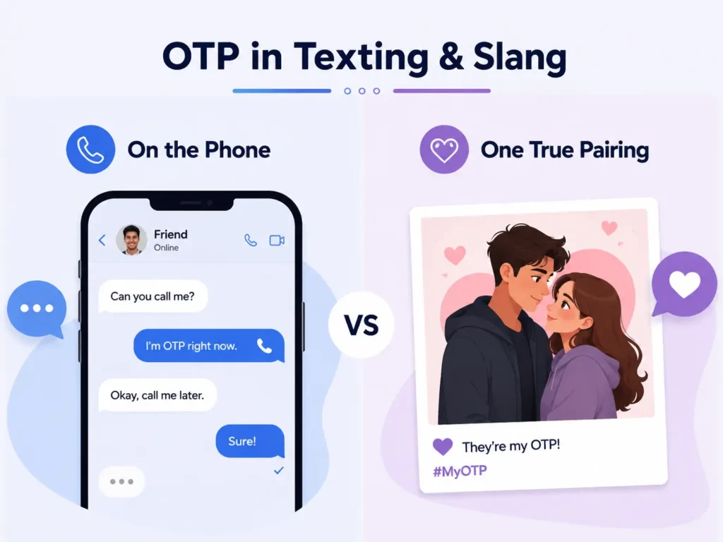 OTP meaning in texting and slang infographic comparing “On the Phone” in a chat with “One True Pairing” in fandom culture.