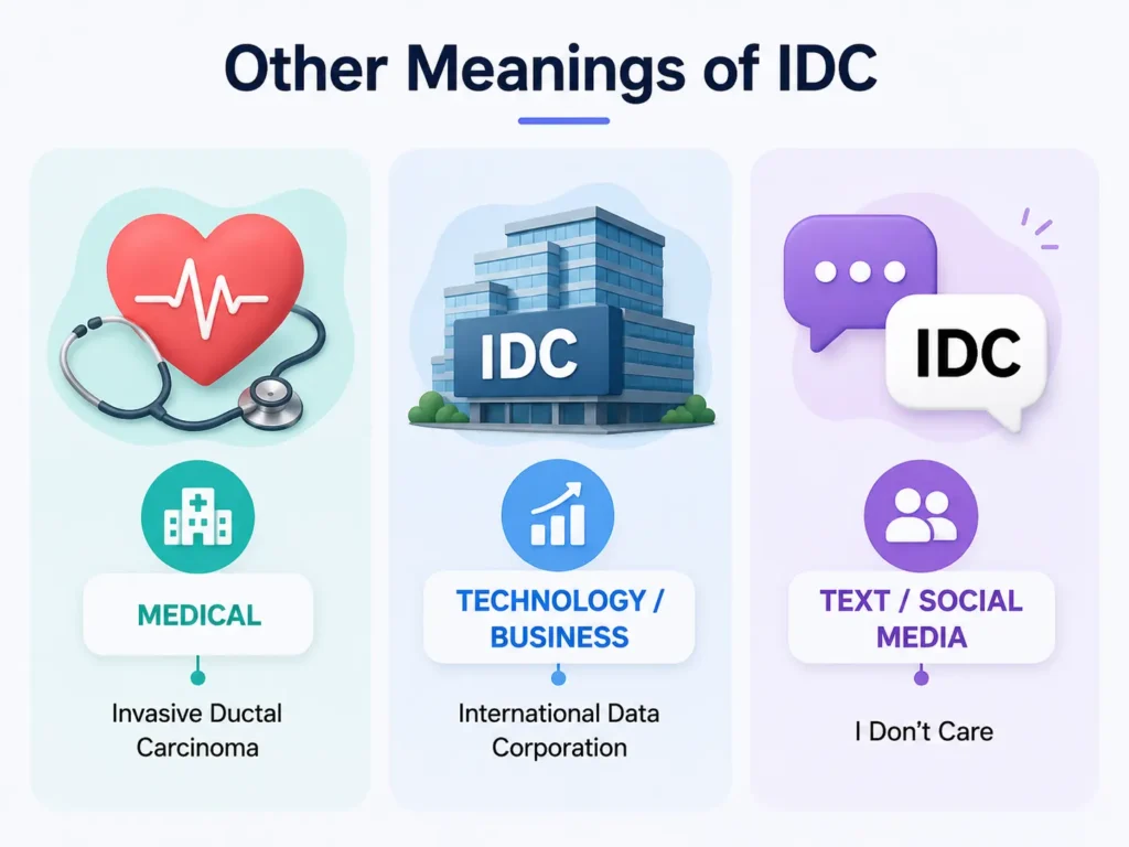 Other meanings of IDC infographic showing invasive ductal carcinoma in medicine, International Data Corporation in technology, and “I Don’t Care” in texting and social media.