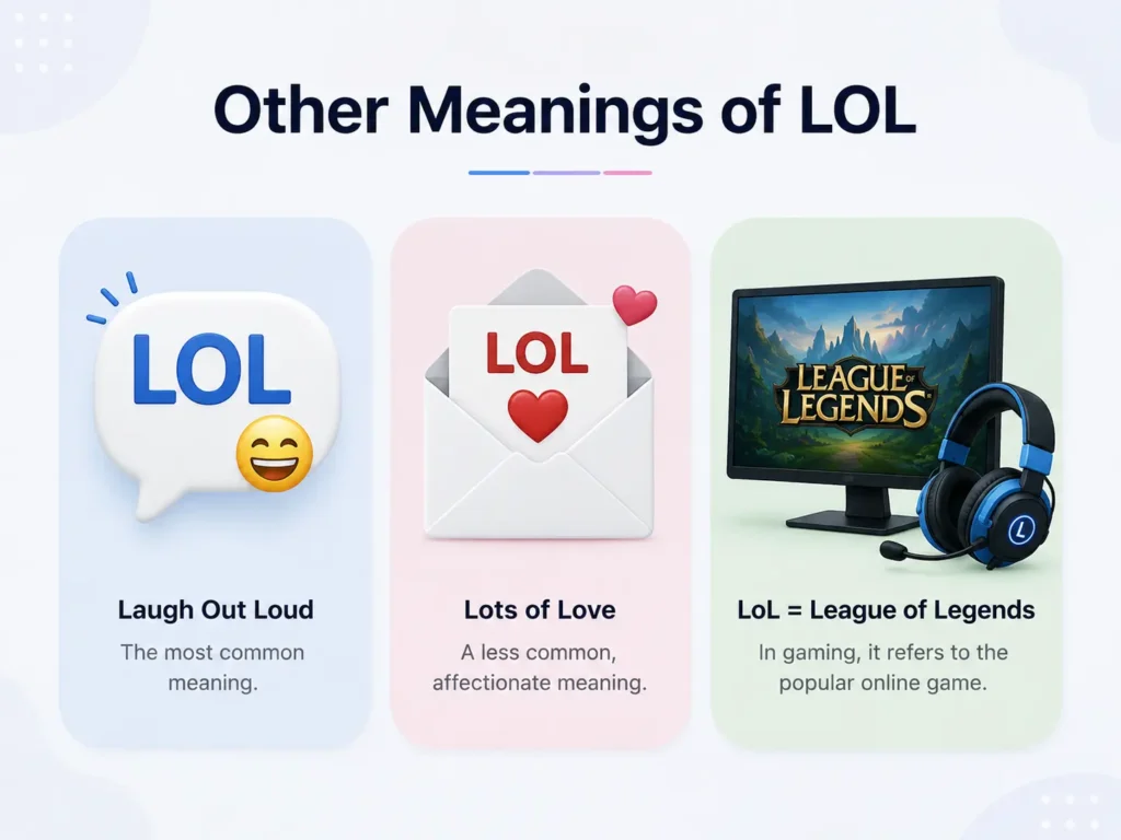 Other meanings of LOL infographic showing Laugh Out Loud, Lots of Love, and LoL as League of Legends in gaming.