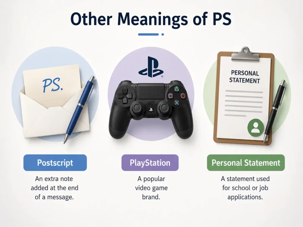 Other meanings of PS explained with visuals for postscript, PlayStation, and personal statement.
