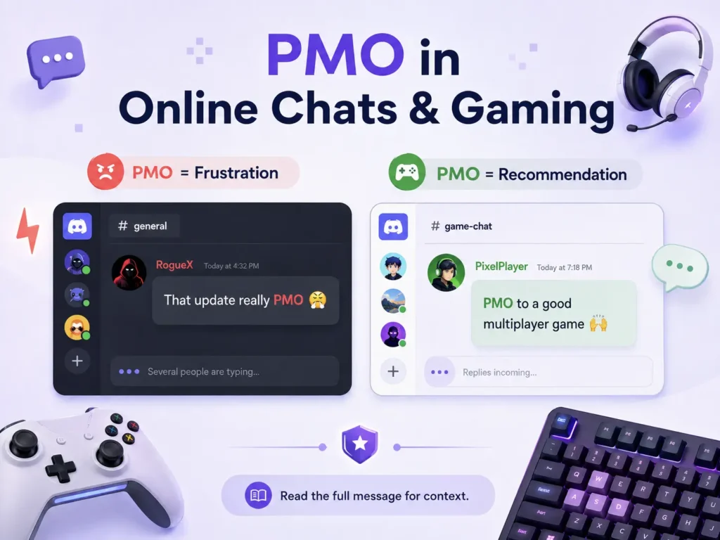 PMO meaning in online chats and gaming, showing frustration and recommendation examples in gaming conversations.