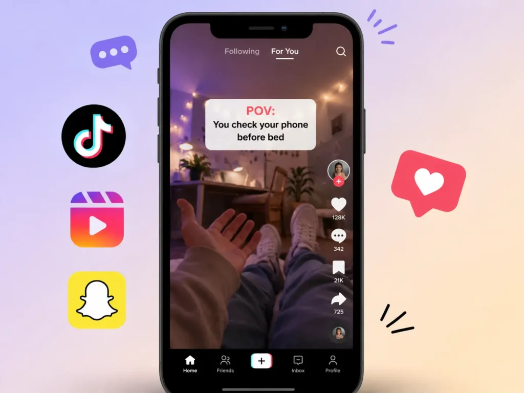 POV meaning on social media shown on a smartphone with a short POV video example and TikTok, Instagram Reels, and Snapchat icons.