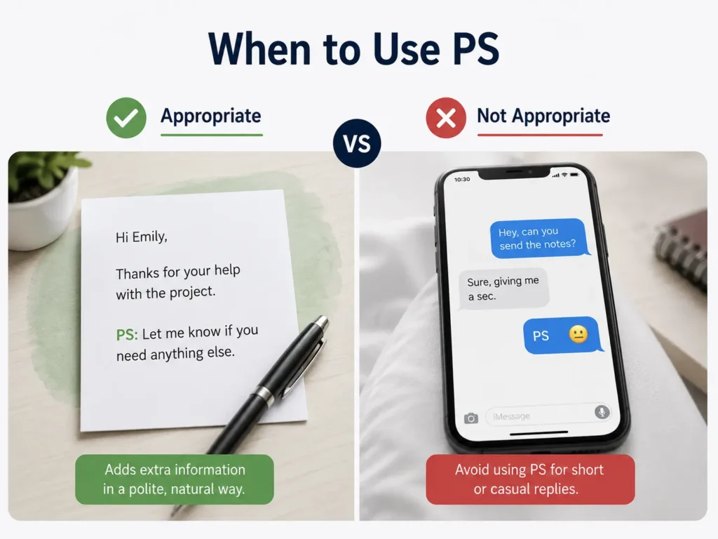 When to use PS infographic showing appropriate use for an extra note and inappropriate use in a short casual reply.