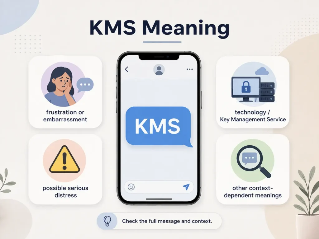 KMS meaning infographic showing that the abbreviation can express frustration or embarrassment, signal possible serious distress, refer to Key Management Service in technology, or have another context-dependent meaning.