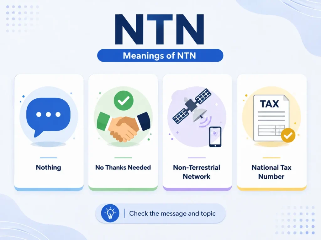 NTN meanings infographic explaining “Nothing,” “No Thanks Needed,” “Non-Terrestrial Network,” and “National Tax Number,” with a reminder to check the message and topic.