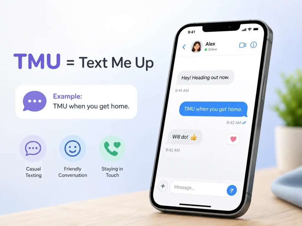 TMU meaning “Text Me Up” shown with a smartphone chat example asking someone to text when they get home.